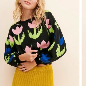Colorful Floral Black Sweater Pastiche Free People